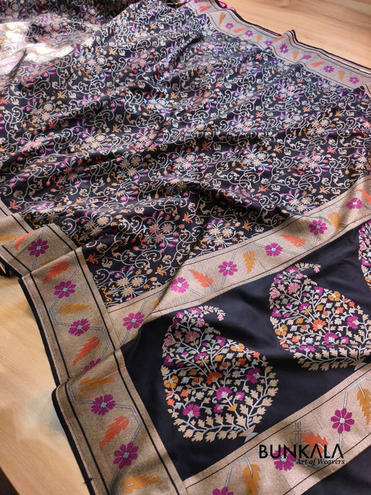 Black Ektara Banarasi Jamdani Meenakari Weaved Silk Saree 