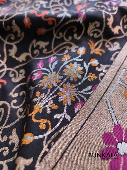 Black Ektara Banarasi Jamdani Meenakari Weaved Silk Saree 