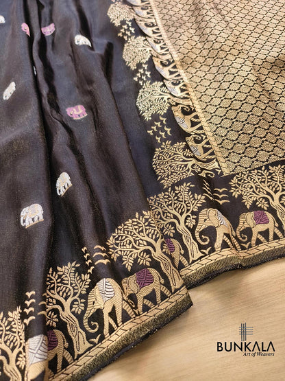 Black Elephant Motif Banarasi Mashru Tissue Silk Saree