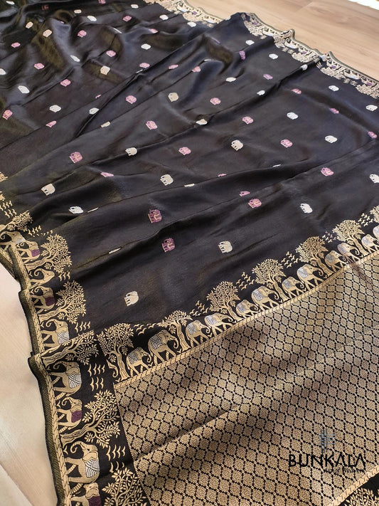Black Elephant Motif Banarasi Mashru Tissue Silk Saree