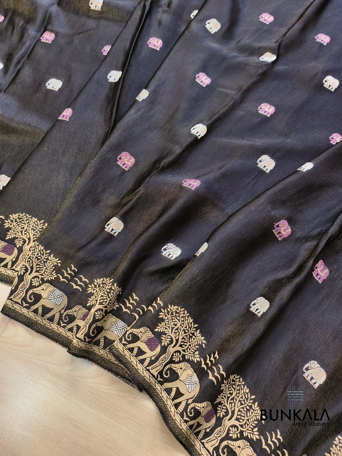 Black Elephant Motif Banarasi Mashru Tissue Silk Saree