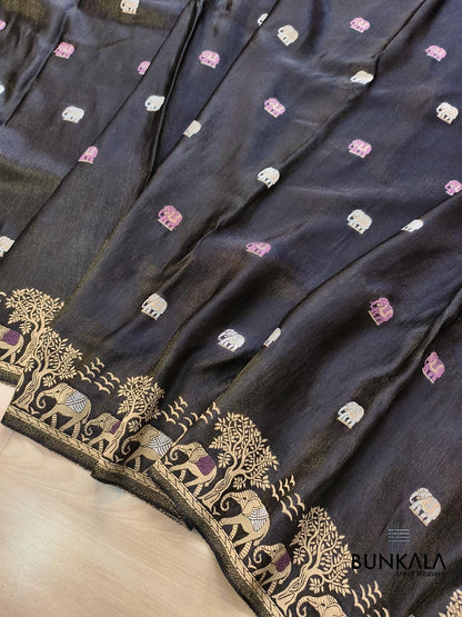 Black Elephant Motif Banarasi Mashru Tissue Silk Saree
