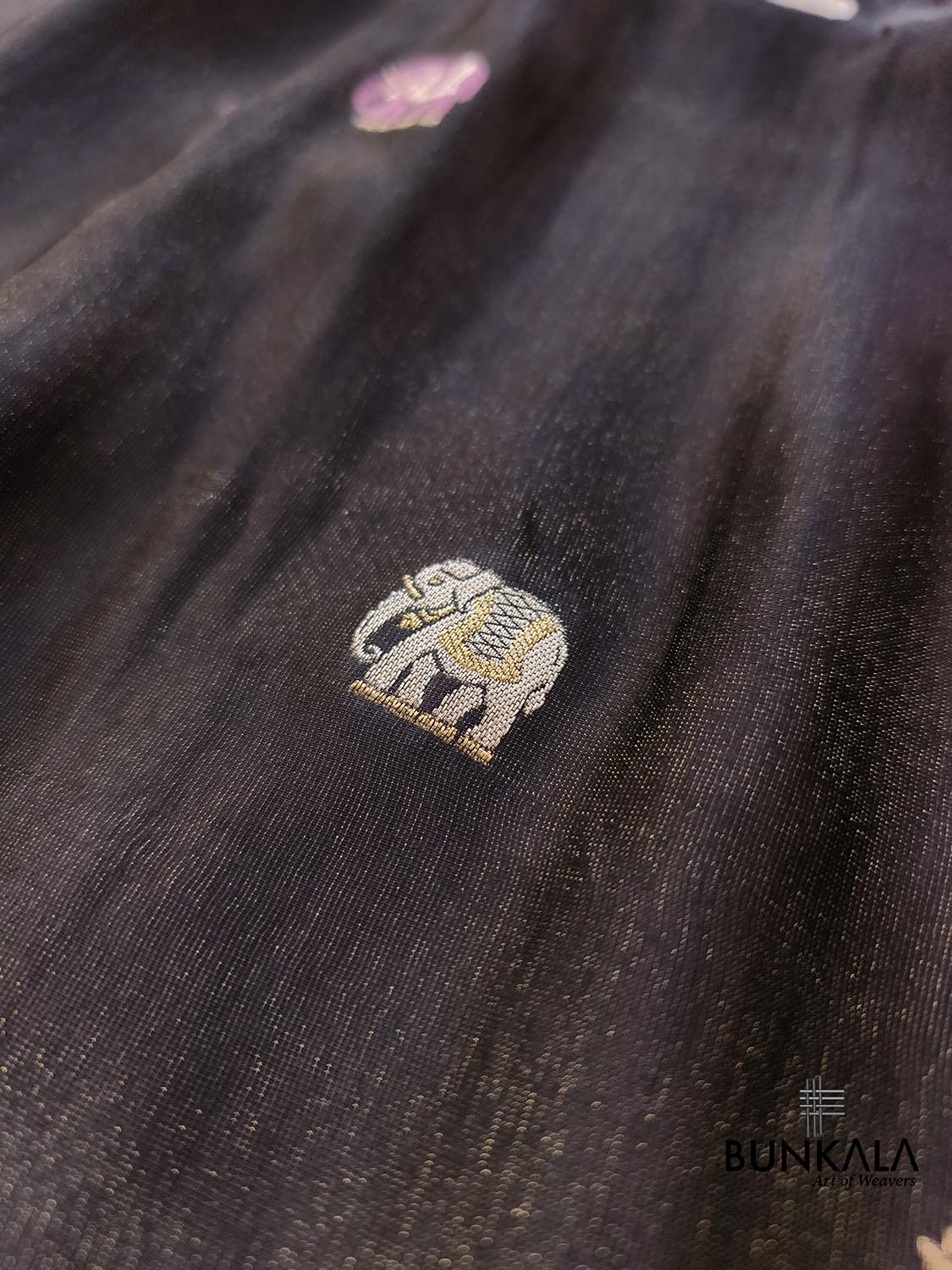Black Elephant Motif Banarasi Mashru Tissue Silk Saree