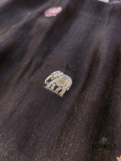 Black Elephant Motif Banarasi Mashru Tissue Silk Saree