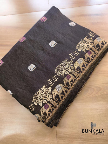 Black Elephant Motif Banarasi Mashru Tissue Silk Saree