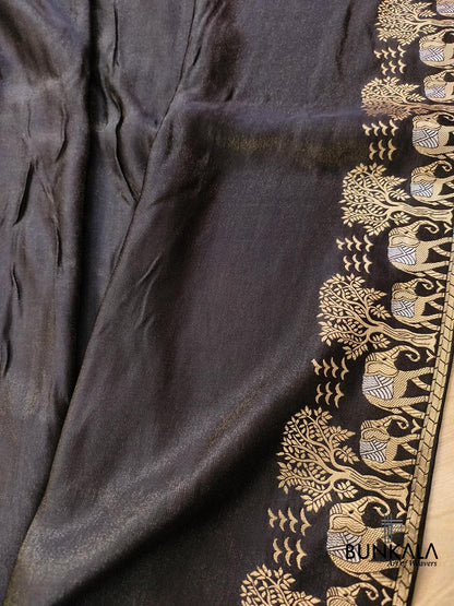 Black Elephant Motif Banarasi Mashru Tissue Silk Saree