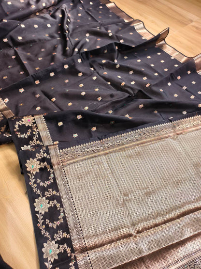 Black Meena Buti Pure Banarasi Mango Silk Saree 