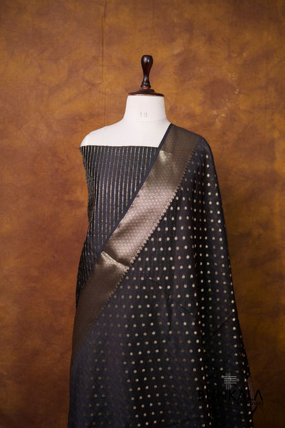 Black Stripe Banarasi Pure Cotton Silk Unstitched Suit Set