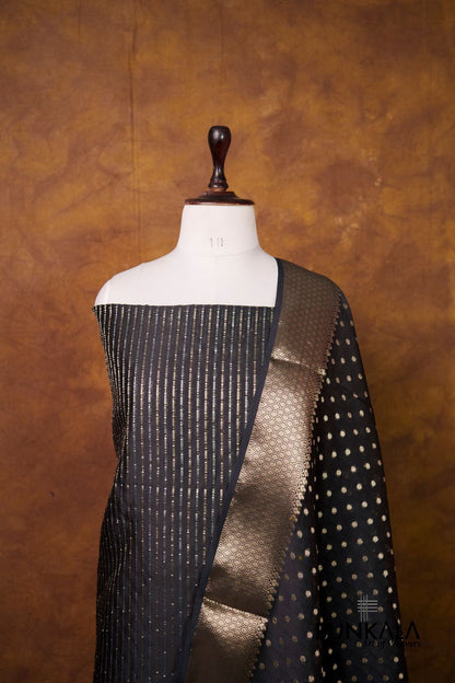Black Stripe Banarasi Pure Cotton Silk Unstitched Suit Set