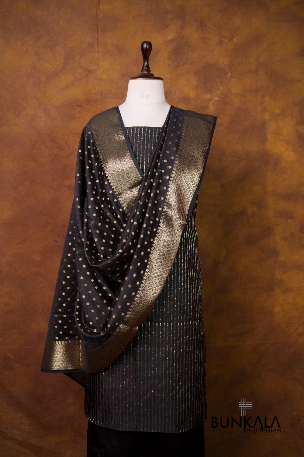Black Stripe Banarasi Pure Cotton Silk Unstitched Suit Set