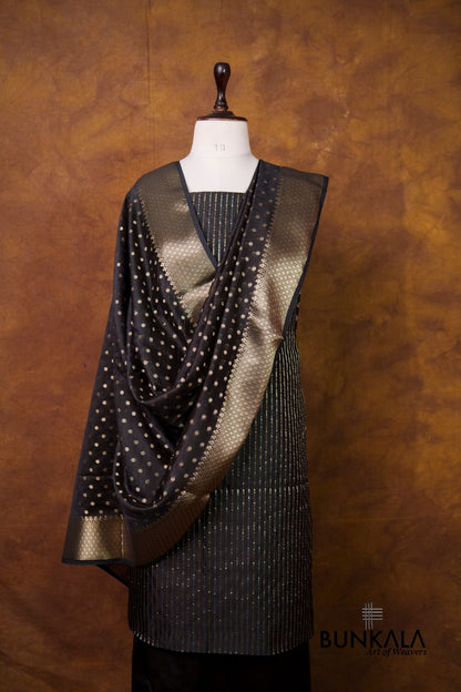 Black Stripe Banarasi Pure Cotton Silk Unstitched Suit Set