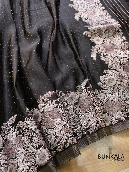 Black Vintage Border Banarasi Mashru Tissue Silk Saree
