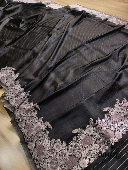 Black Vintage Border Banarasi Mashru Tissue Silk Saree