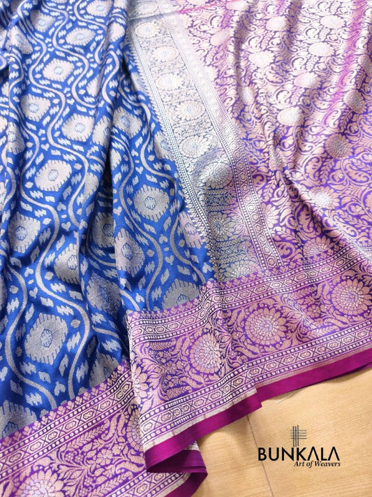 Blue Ektara Banarasi Jamdani Leheriya Weaved Silk Saree
