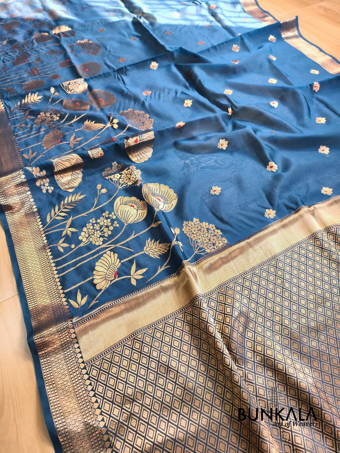 Blue Half Floral Half Buti Pure Banarasi Mango Silk Saree 