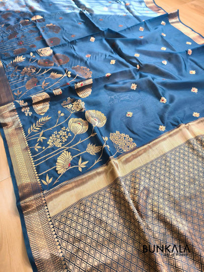 Blue Half Floral Half Buti Pure Banarasi Mango Silk Saree 