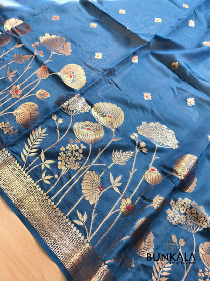 Blue Half Floral Half Buti Pure Banarasi Mango Silk Saree 