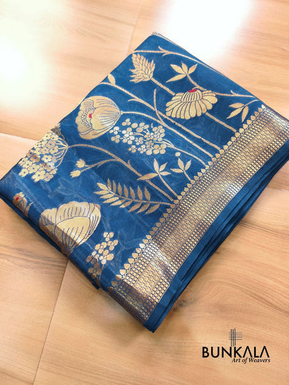 Blue Half Floral Half Buti Pure Banarasi Mango Silk Saree 