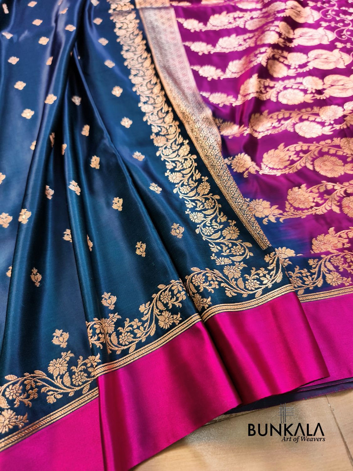 Blue with Pink Contrast Buti Banarasi Mashru Silk Saree