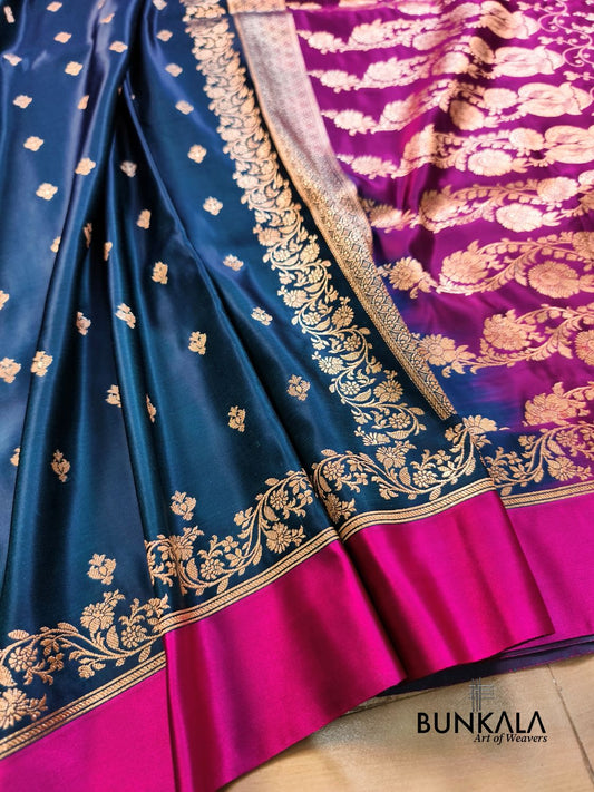 Blue with Pink Contrast Buti Banarasi Mashru Silk Saree