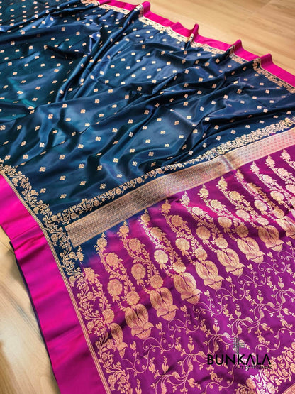 Blue with Pink Contrast Buti Banarasi Mashru Silk Saree
