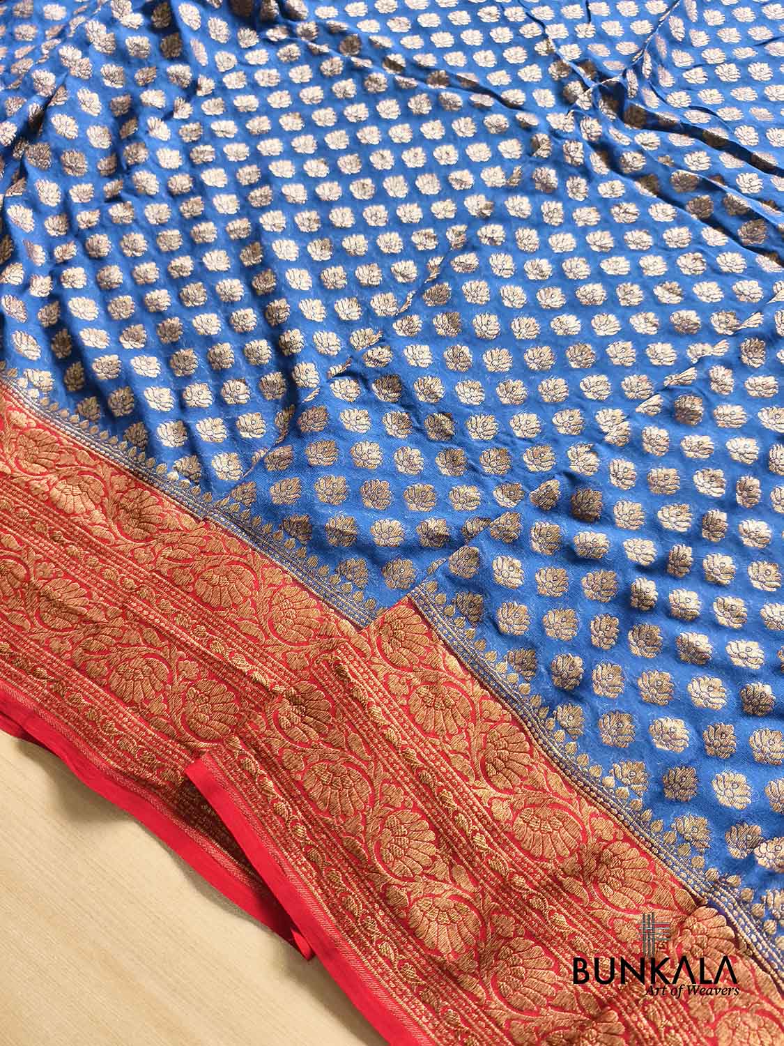 Blue with Red Big Contrast Border Banarasi Georgette Saree