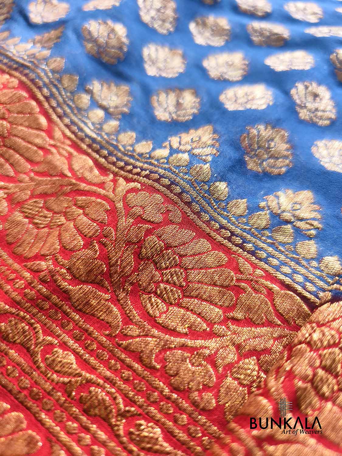 Blue with Red Big Contrast Border Banarasi Georgette Saree
