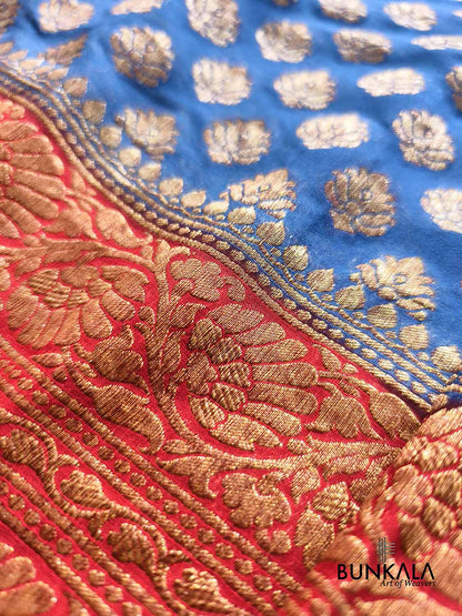 Blue with Red Big Contrast Border Banarasi Georgette Saree