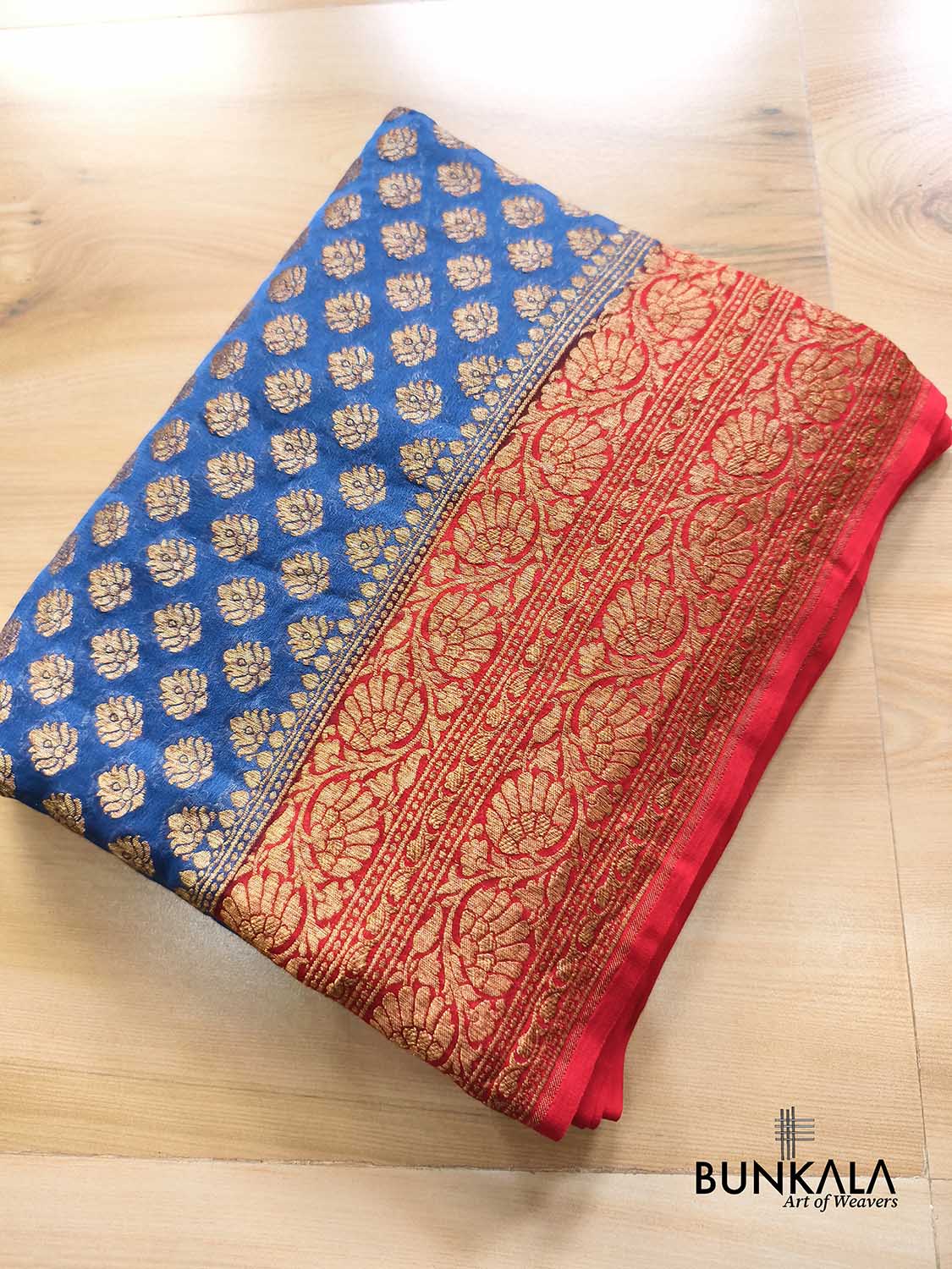 Blue with Red Big Contrast Border Banarasi Georgette Saree