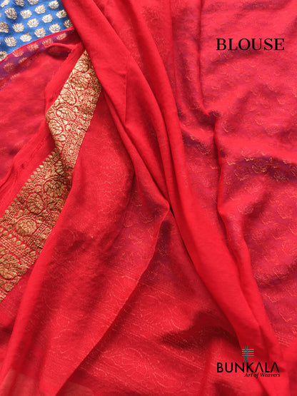 Blue with Red Big Contrast Border Banarasi Georgette Saree