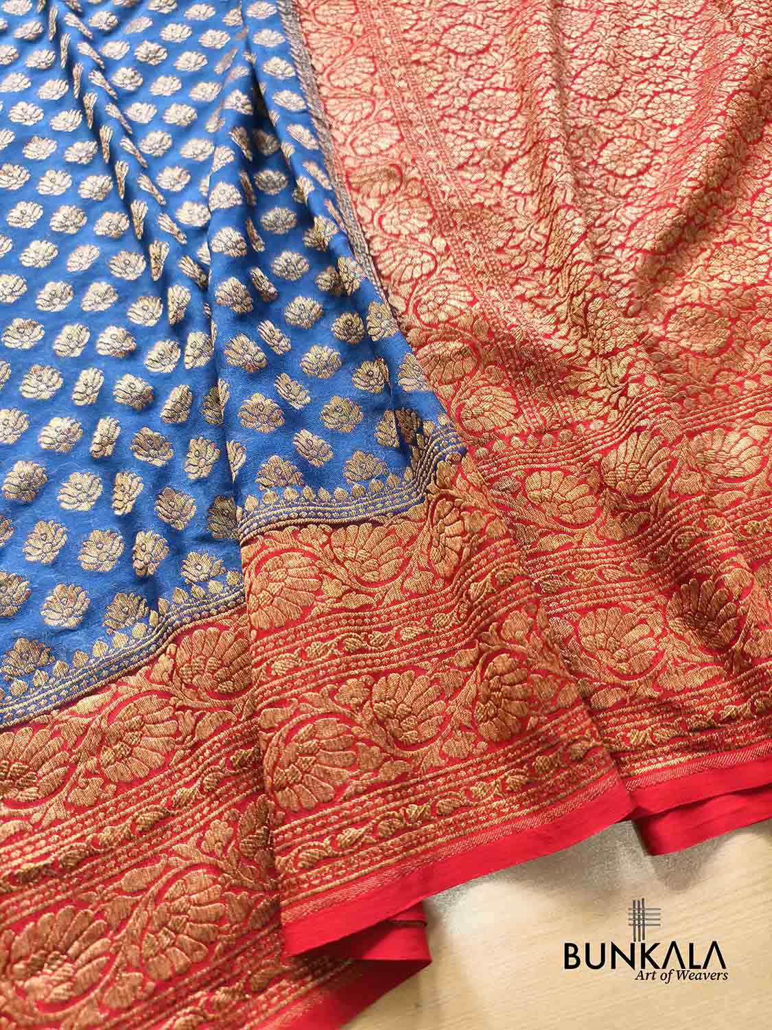 Blue with Red Big Contrast Border Banarasi Georgette Saree