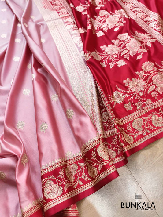 Blush Pink with Contrast Red Border Banarasi Mashru Silk Saree