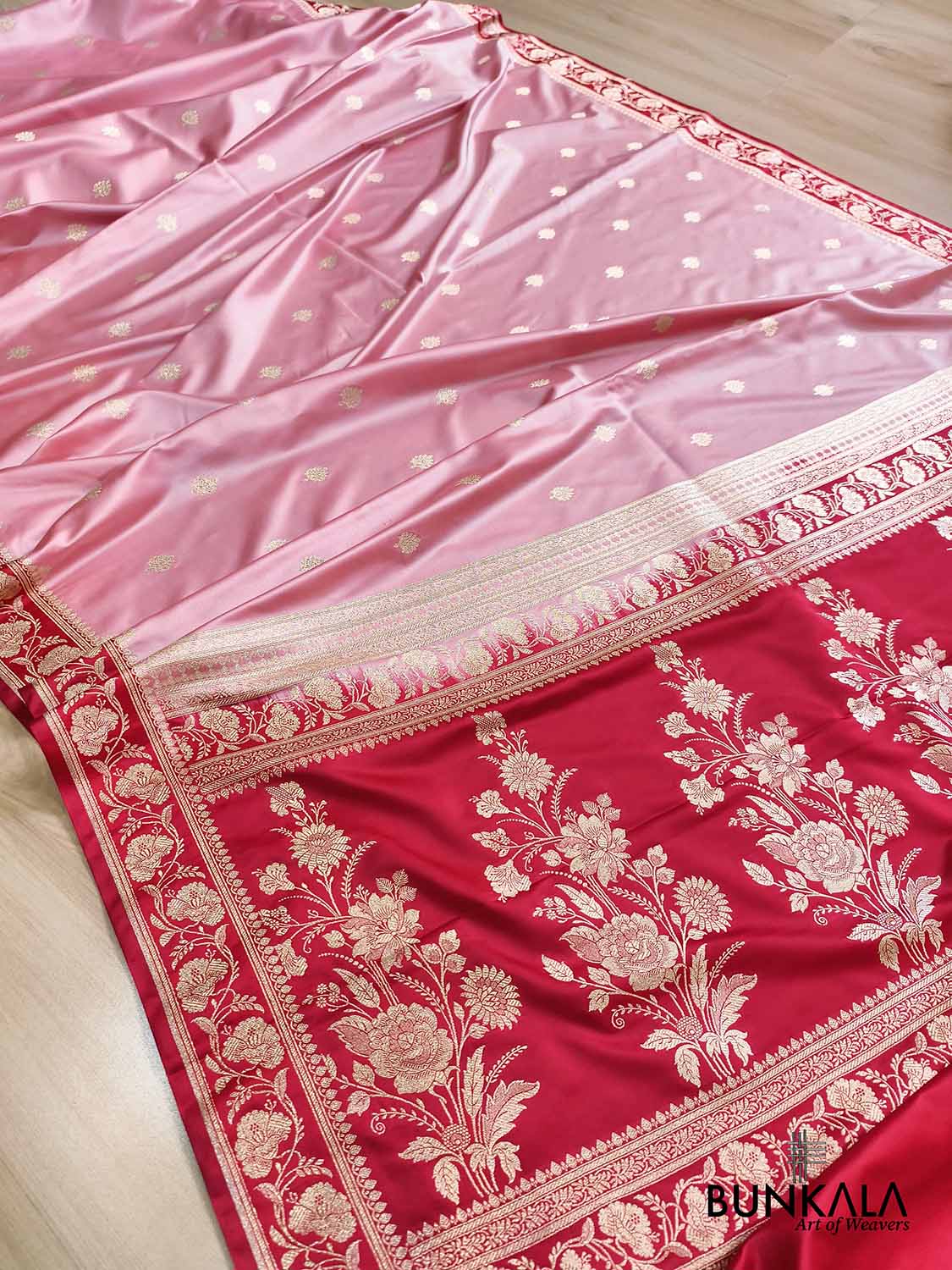Blush Pink with Contrast Red Border Banarasi Mashru Silk Saree