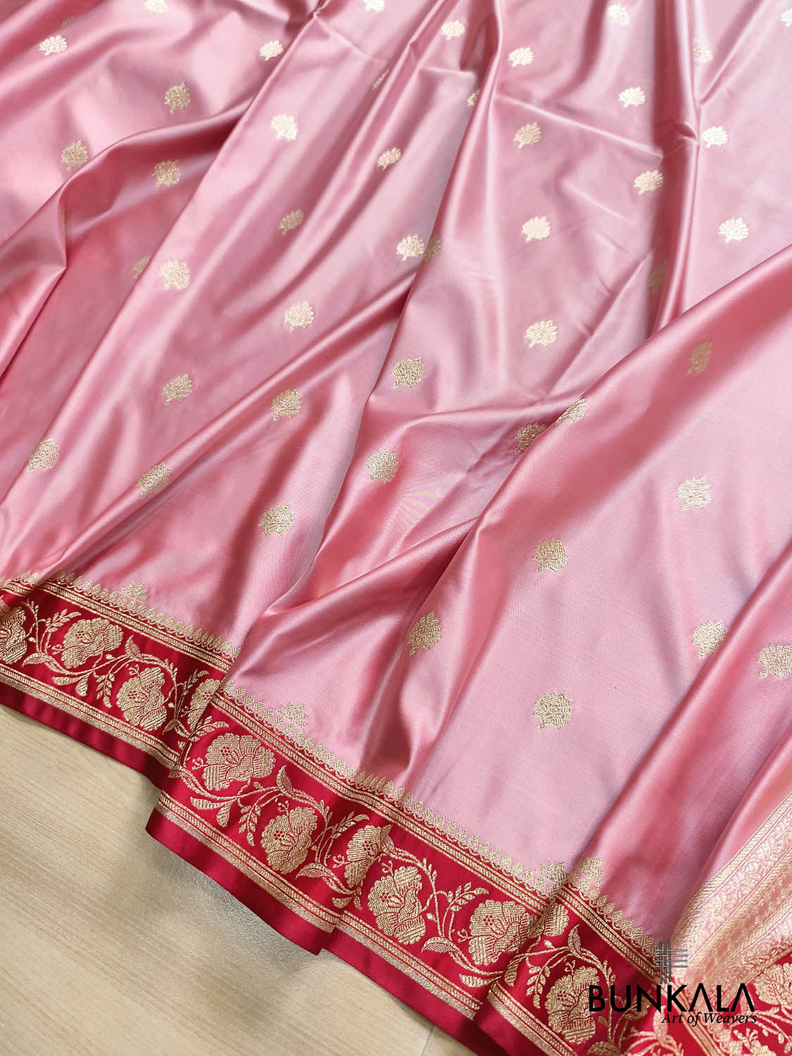 Blush Pink with Contrast Red Border Banarasi Mashru Silk Saree