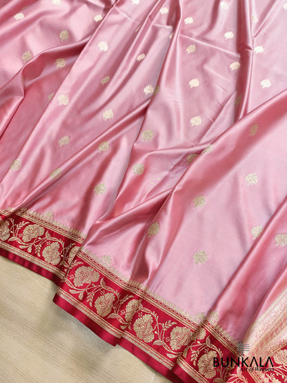 Blush Pink with Contrast Red Border Banarasi Mashru Silk Saree