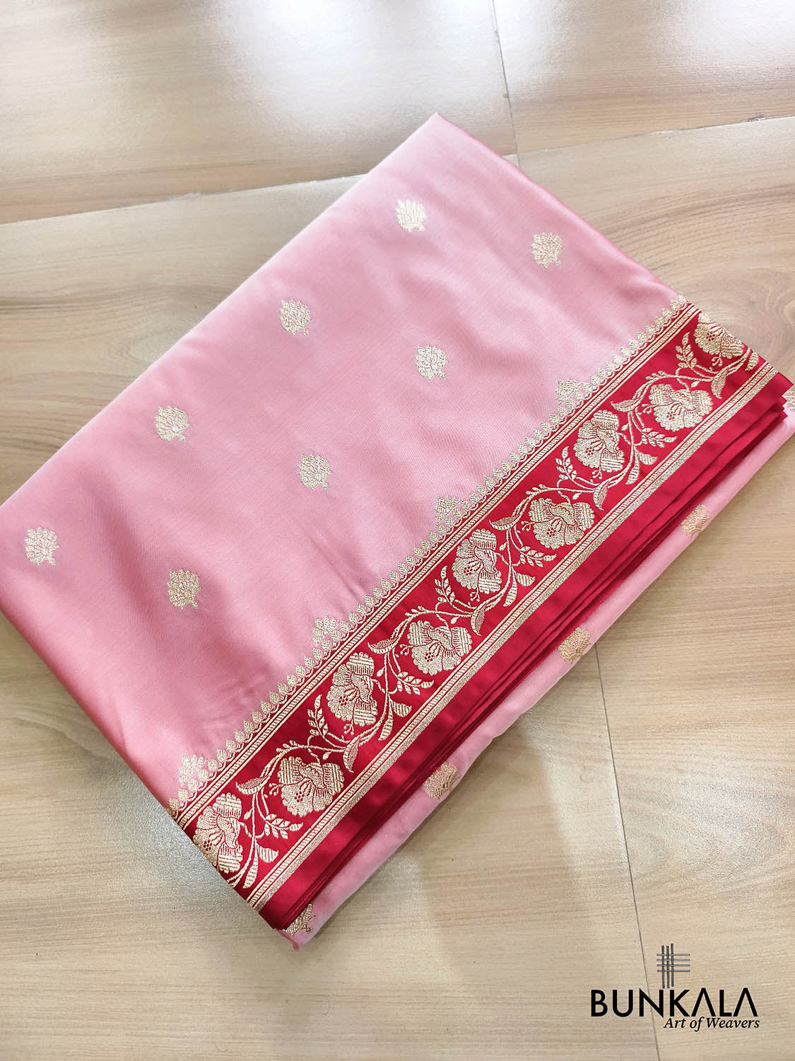 Blush Pink with Contrast Red Border Banarasi Mashru Silk Saree