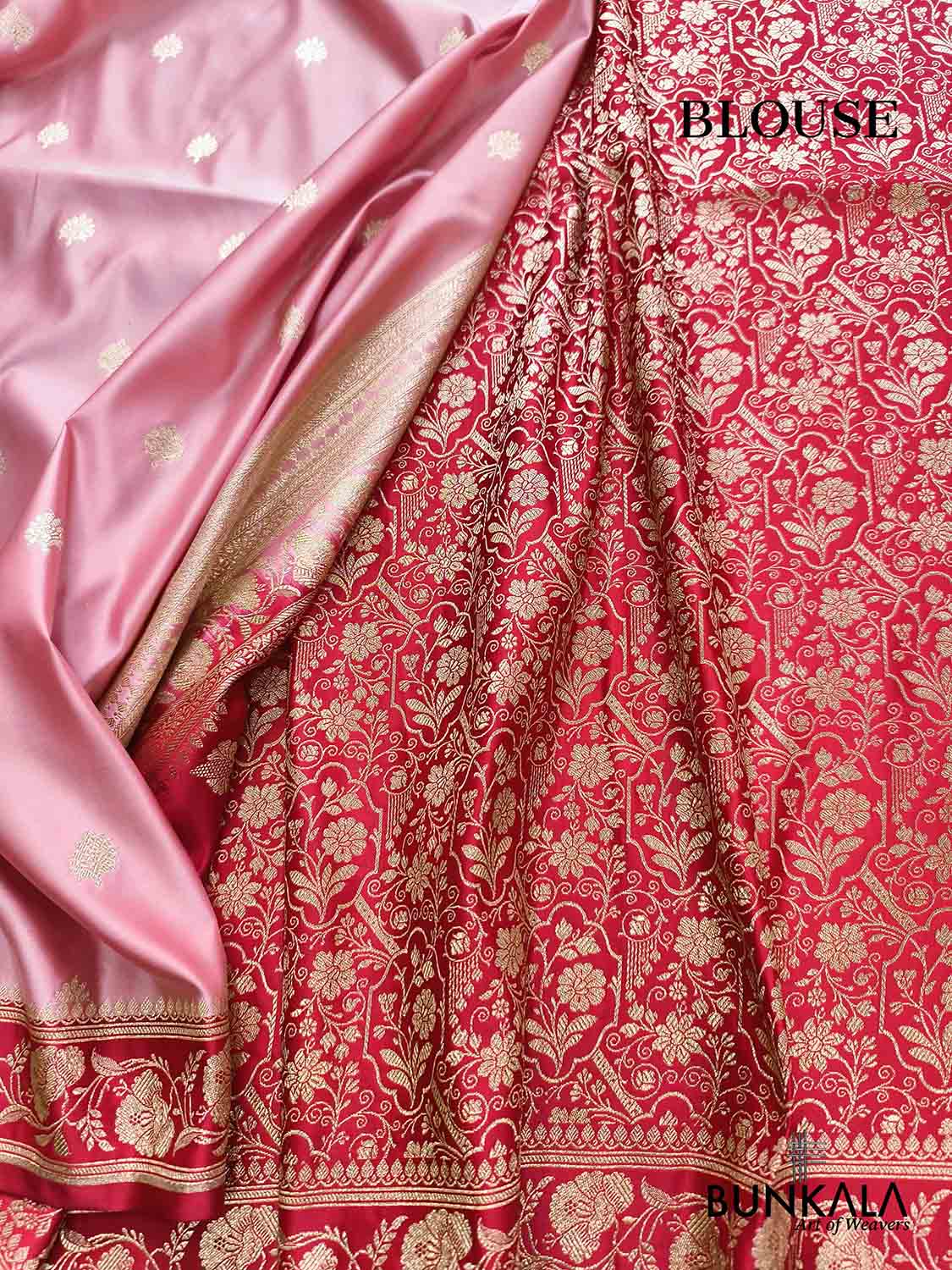 Blush Pink with Contrast Red Border Banarasi Mashru Silk Saree