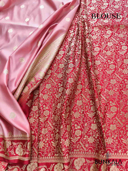 Blush Pink with Contrast Red Border Banarasi Mashru Silk Saree