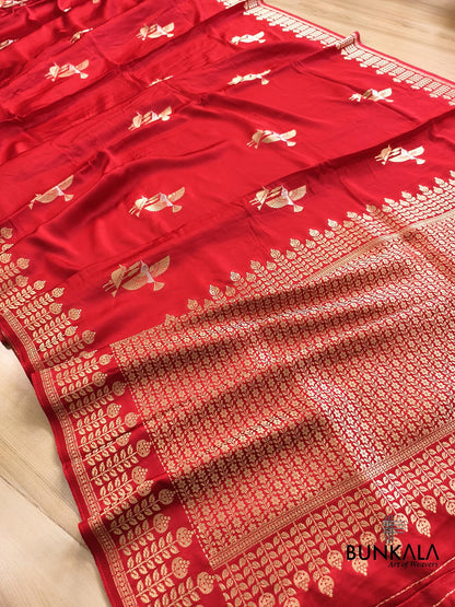 Bridal Red Birds Motif Banarasi Mashru Silk Saree