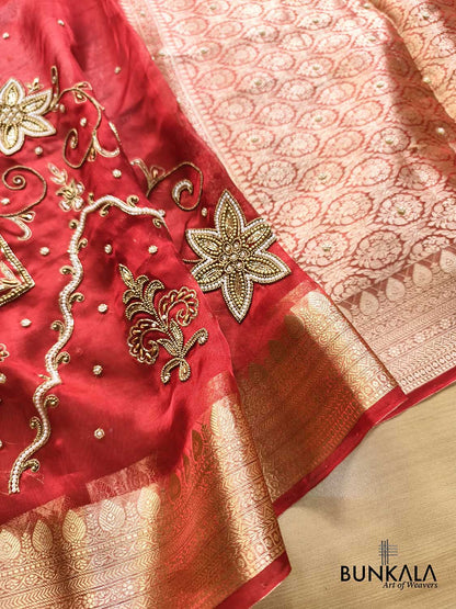 Bridal Red Pure Tissue Hand Embroidered Work Banarasi Saree