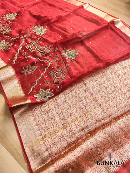 Bridal Red Pure Tissue Hand Embroidered Work Banarasi Saree