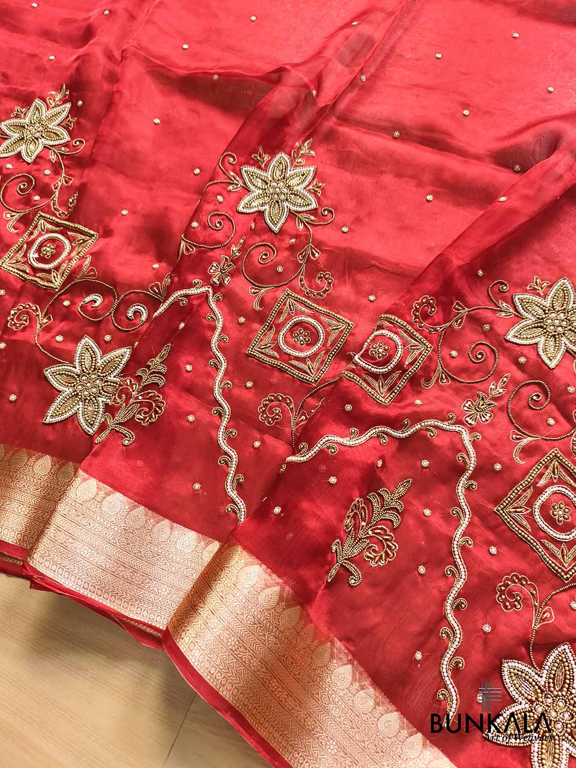 Bridal Red Pure Tissue Hand Embroidered Work Banarasi Saree