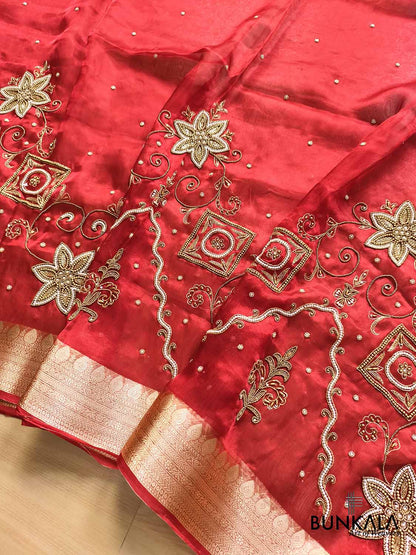 Bridal Red Pure Tissue Hand Embroidered Work Banarasi Saree