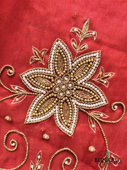 Bridal Red Pure Tissue Hand Embroidered Work Banarasi Saree
