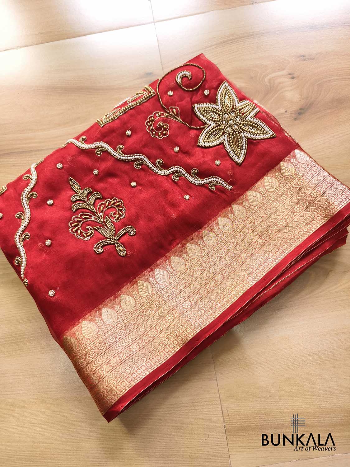 Bridal Red Pure Tissue Hand Embroidered Work Banarasi Saree