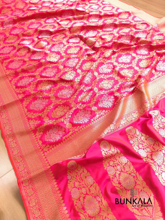 Bright Pink Sona Rupa Floral Jaal Banarasi Silk Saree 