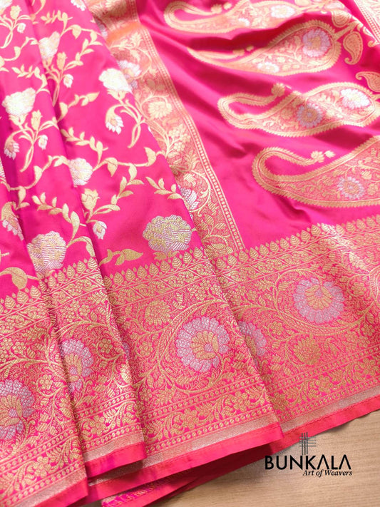 Bright Pink Sona Rupa Floral Jaal Banarasi Silk Saree 
