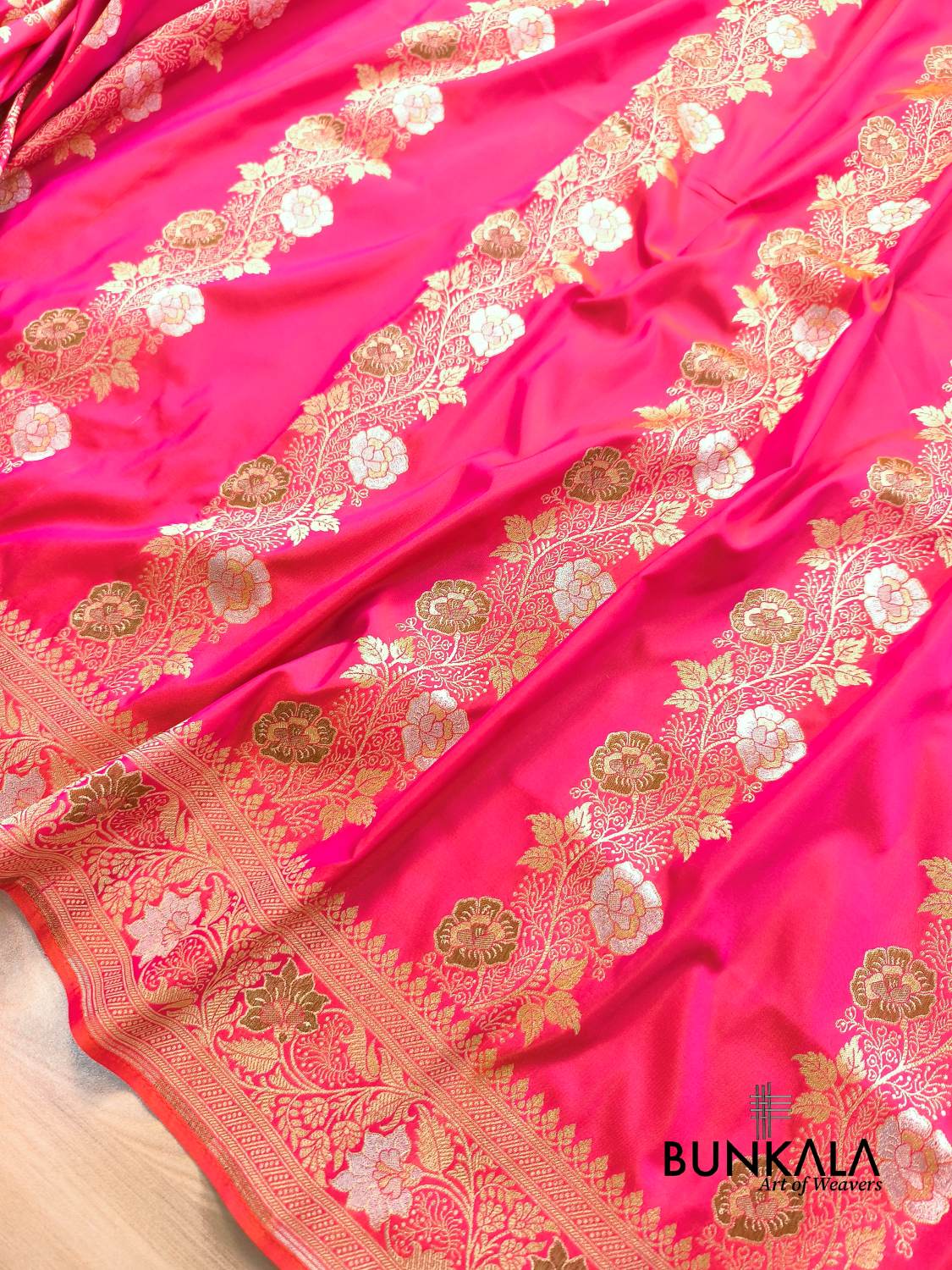 Bright Pink Sona Rupa Meenakari Stripe Banarasi Silk Saree