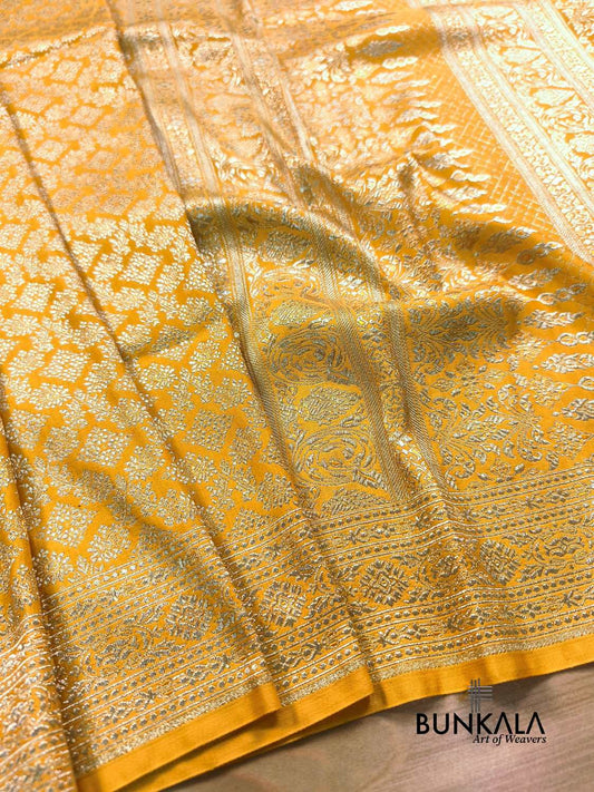 Bright Yellow Brocade Weaved Banarasi Mashru Silk Saree