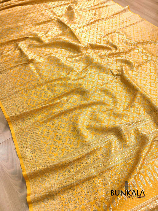 Bright Yellow Brocade Weaved Banarasi Mashru Silk Saree